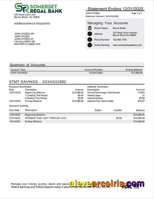 USA Somerset Regal Bank account statement Word and PDF